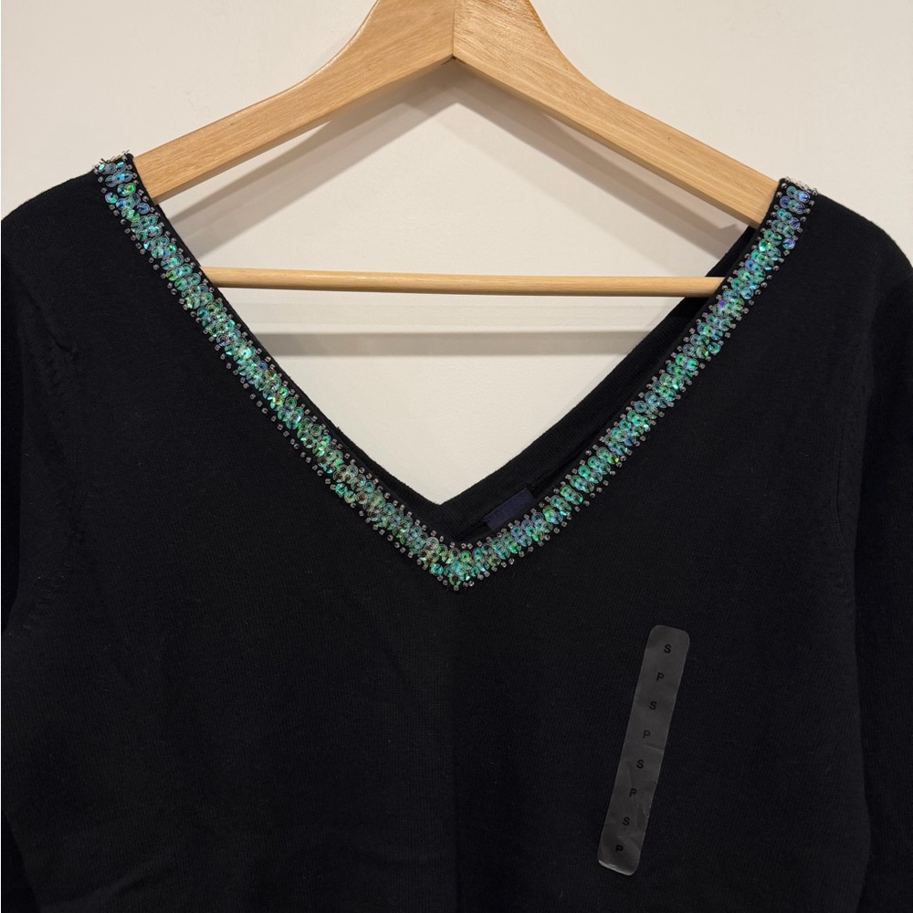 Black V-Neck Sweater with Sequence Trim